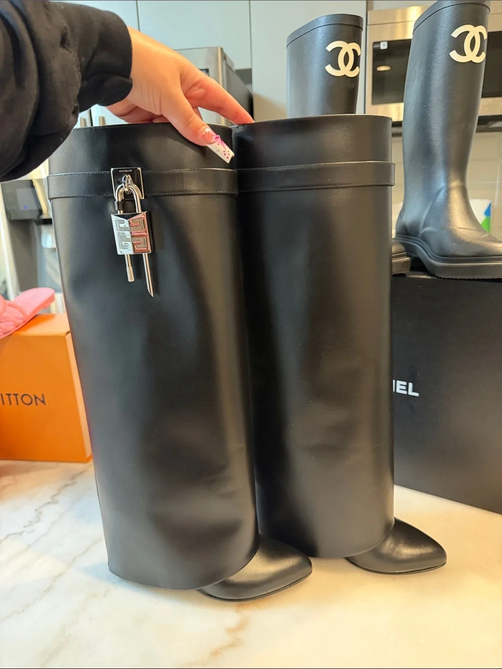 Givenchy SHARK BOOTS Black Leather with Silver Padlock Accent